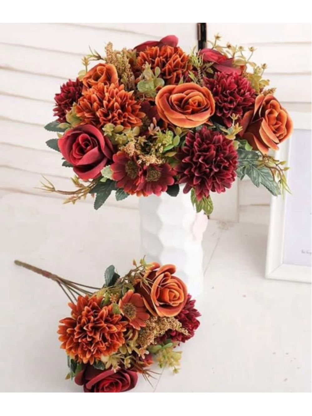 Faux Floral Bouquet Red Orange Home Decor Set of 3